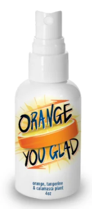  White spray bottle with orange slice , splash art,  heading letters bright blue letters spell  "orange you glad"