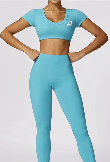 Ko'i Lake Blue Crop Top and Ankle Length Leggings Set